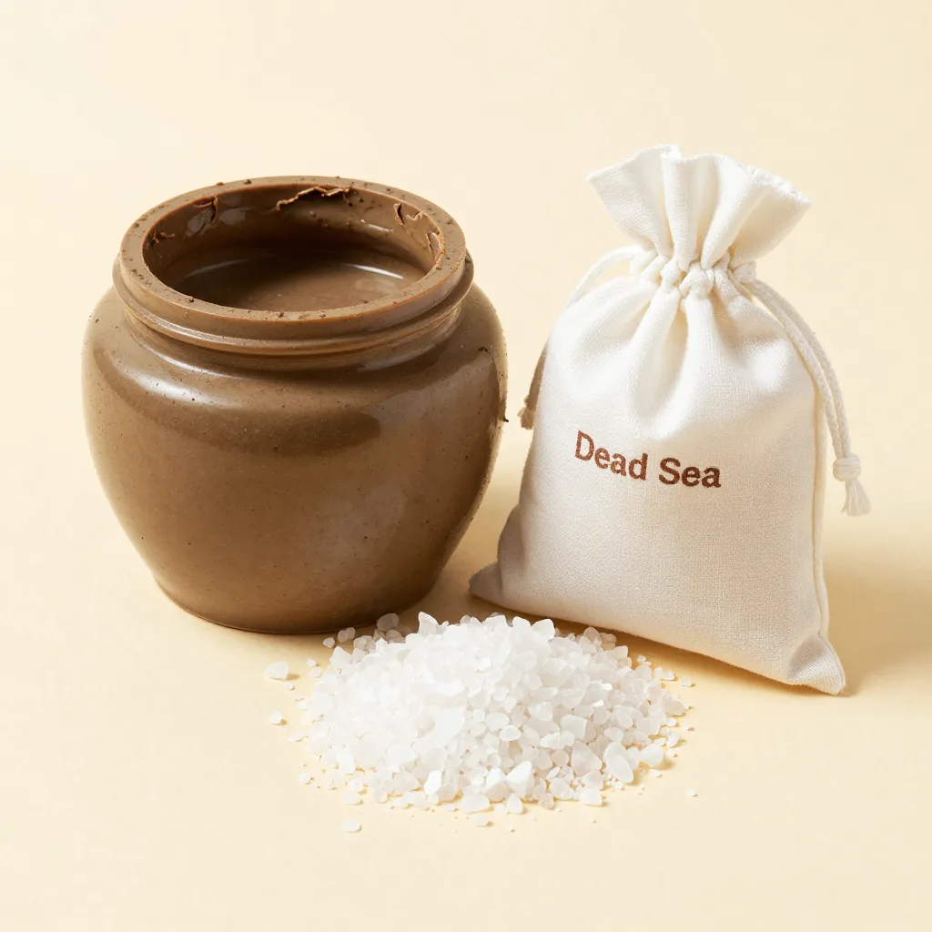 A mud jar and a pouch of Dead Sea salt on a light background