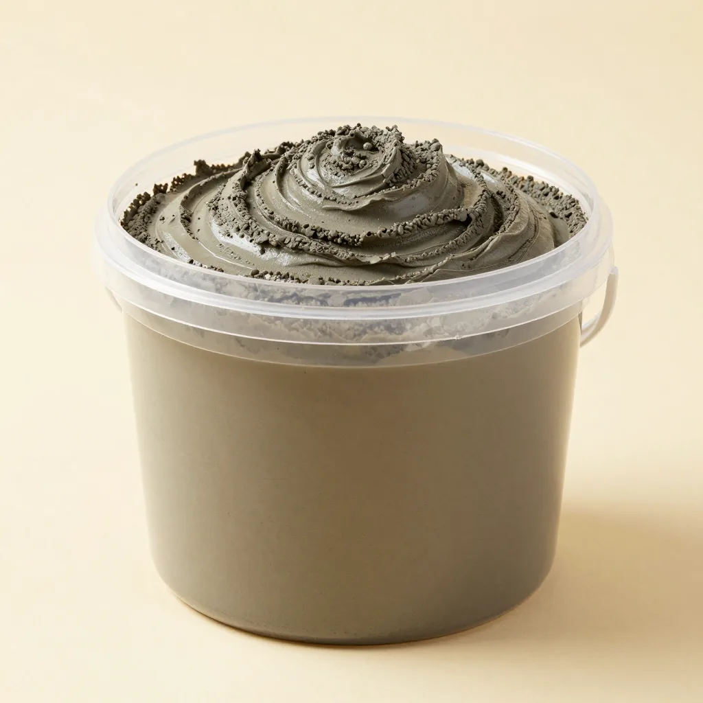 A large bucket of Dead Sea mud on a light background